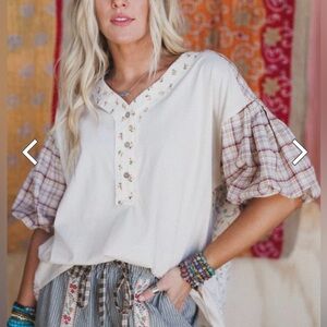 Floral Embroidered White Top with Plaid Sleeves